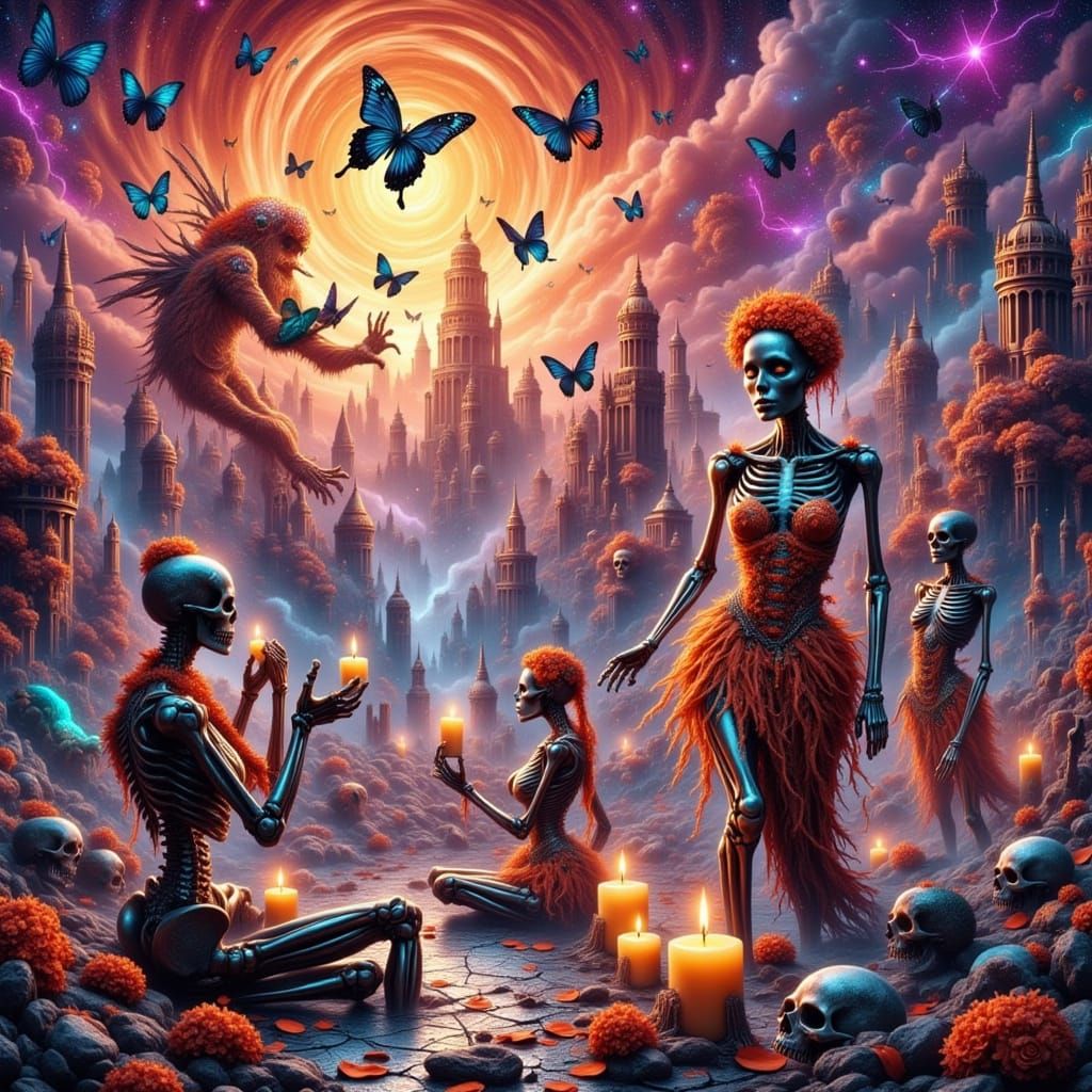 Neon-Ruined Cityscape with Colossal Ofrenda