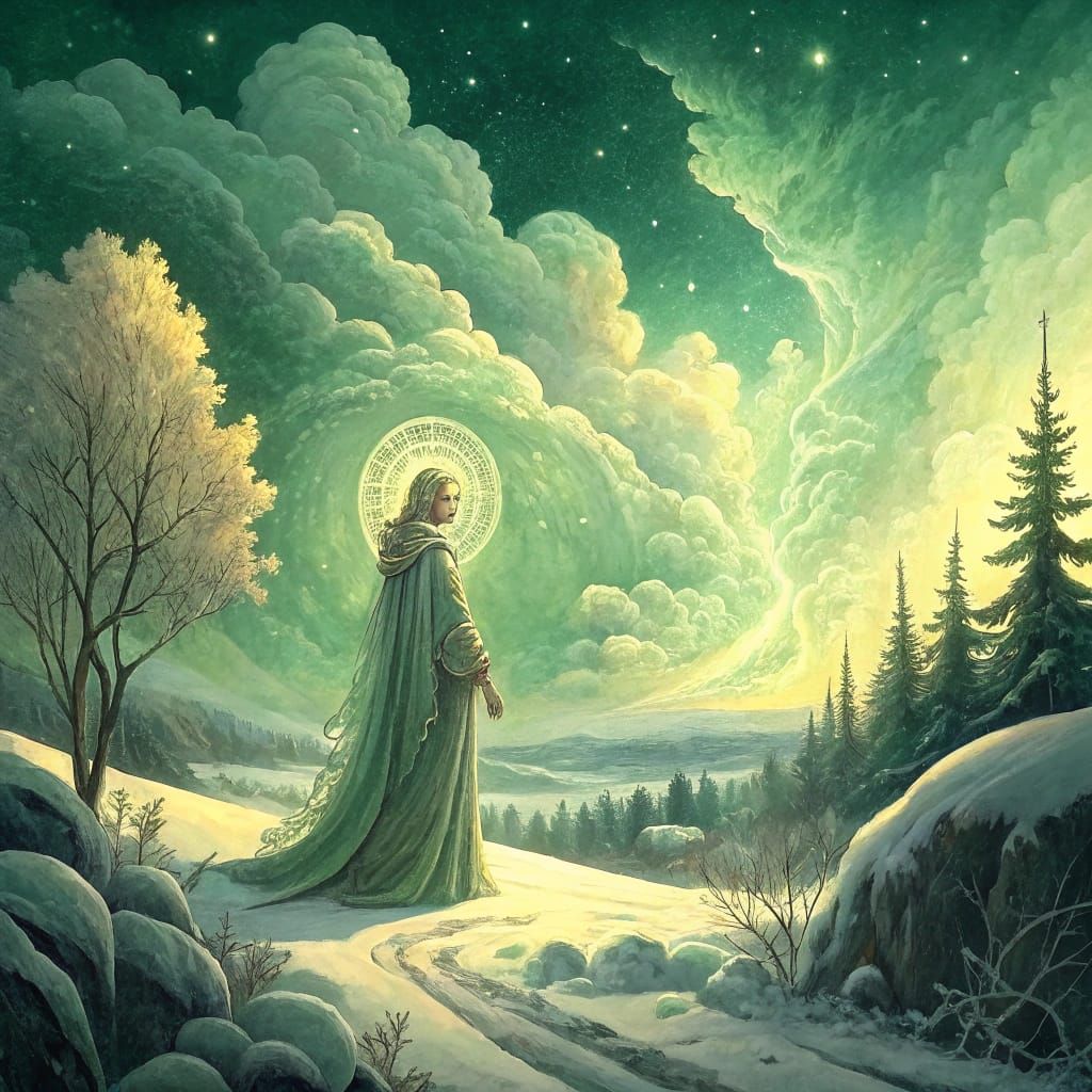 Heavenly Goddess in Winter Storm, Watercolor Style