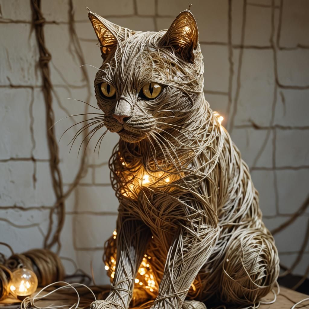 Surreal String Cat Sculpture in Workshop, Macro Photo