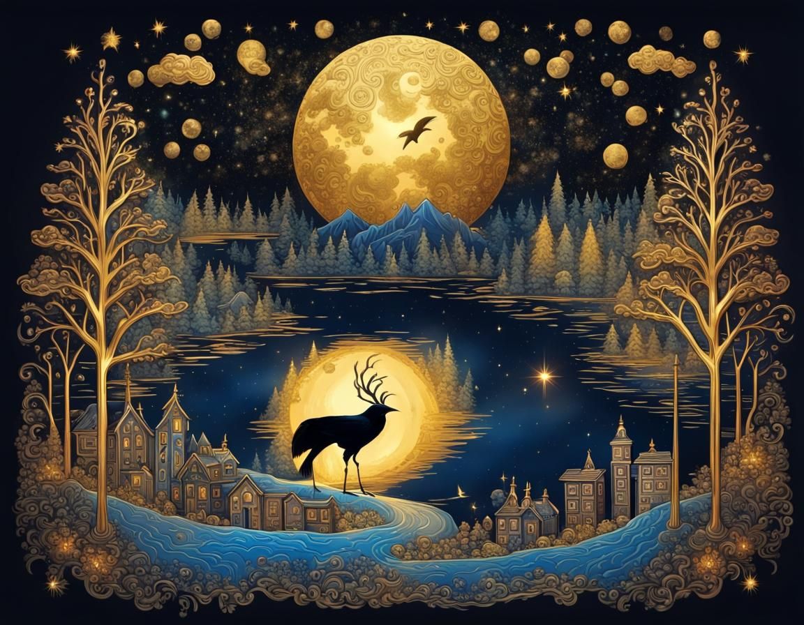 Crystal Moon Over Forest in Palekh Style