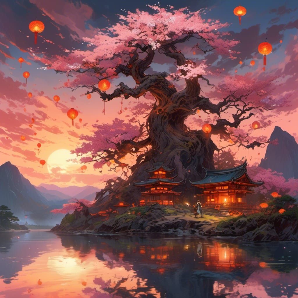Mystical Japanese Twilight with Phoenix and Sakura Tree