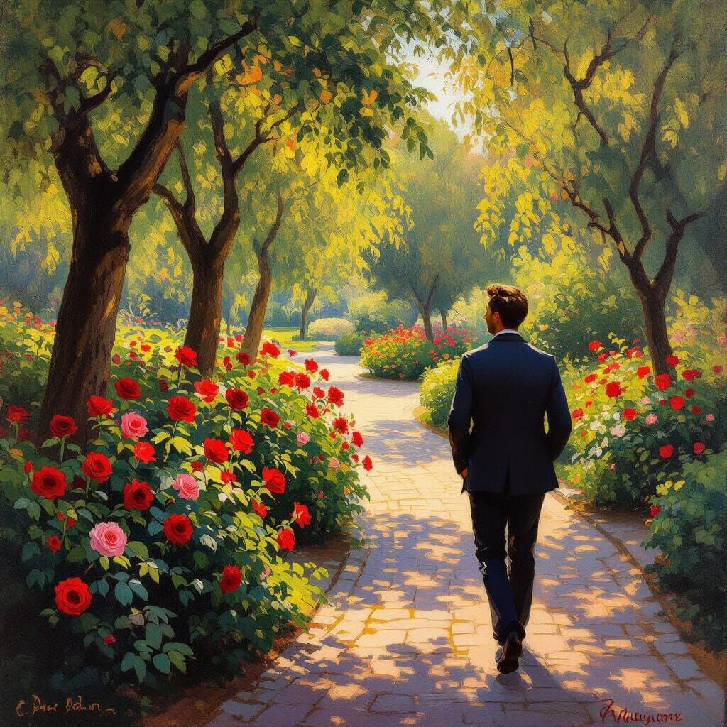 Man Enjoying Roses in Impressionist Park