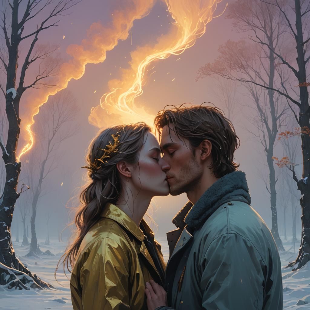 Romantic Kiss in a Vibrant, Ethereal Realm