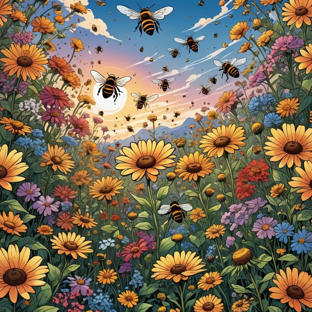Bees and Flowers in Dynamic Comic Book Art