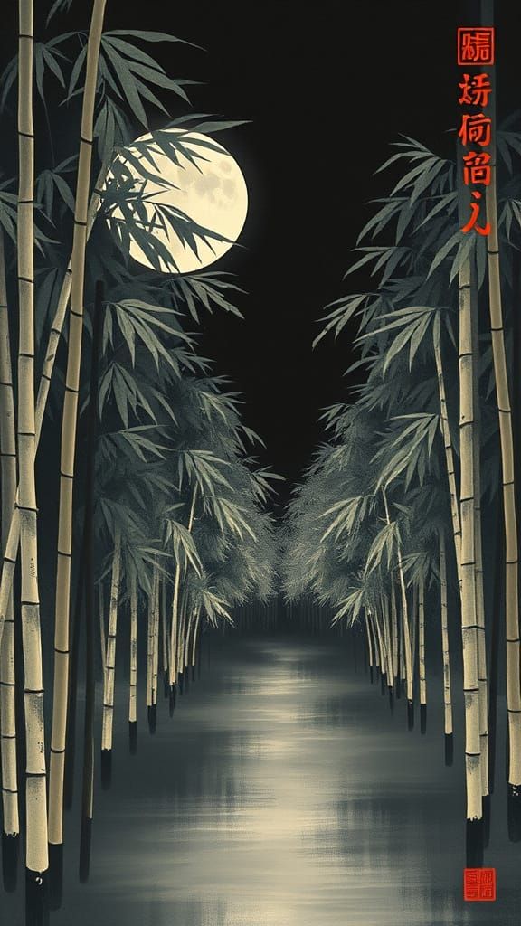 Serene Bamboo Forest Under Silver Moonlight in Traditional C...