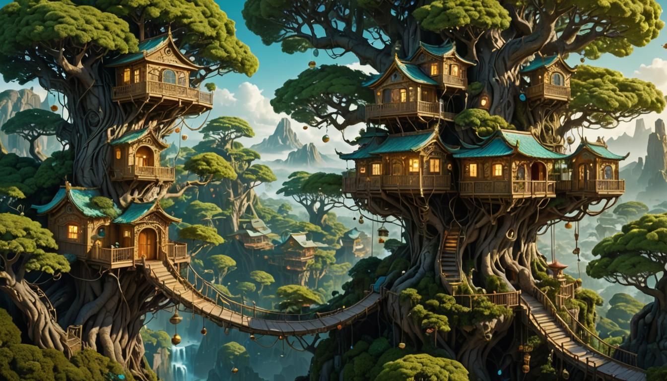 Bonsai Treehouse Complex in Surreal Dreamlike World