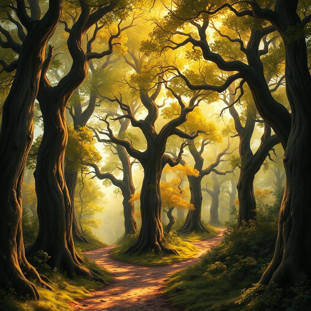 Whimsical English Forest Scene with Golden Light