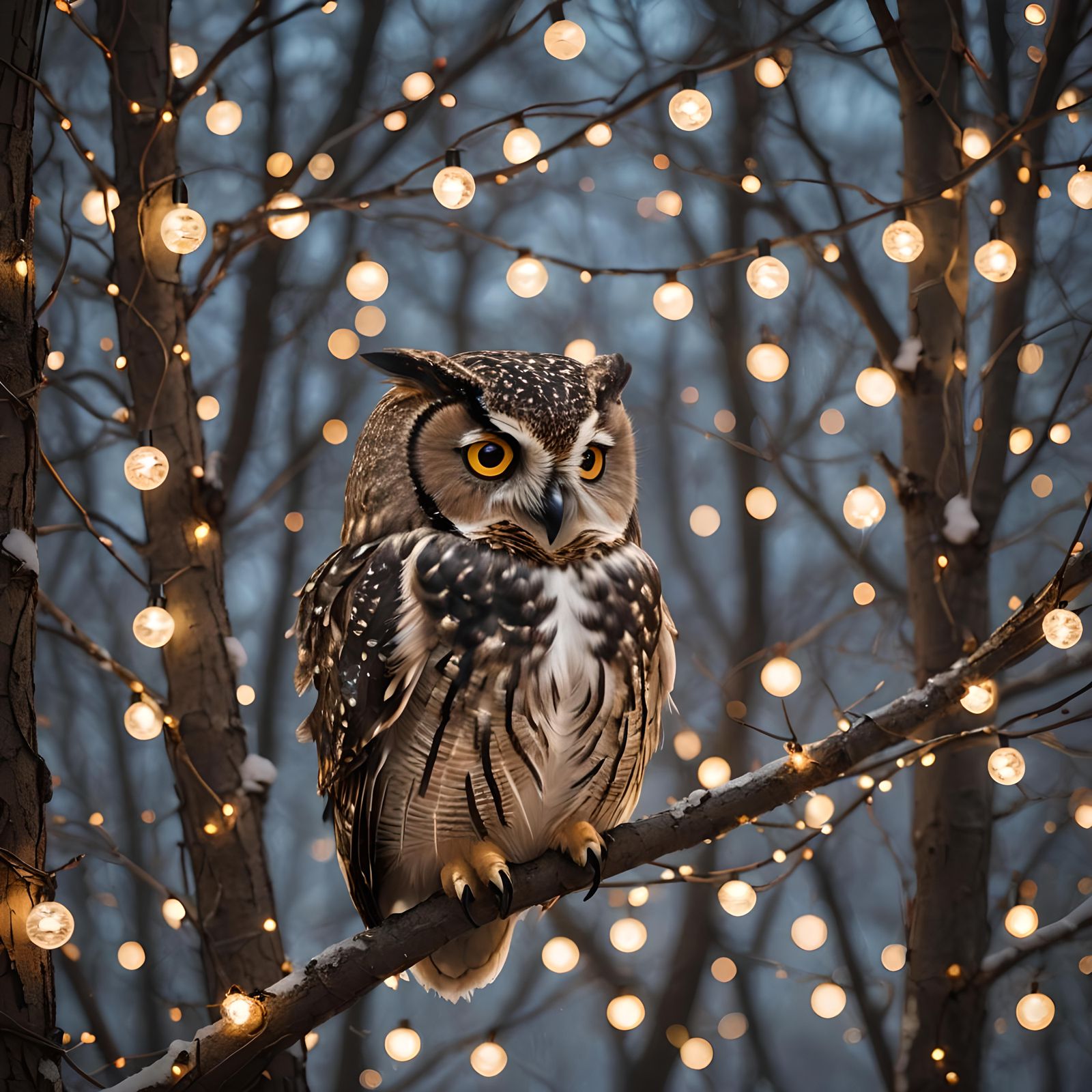 Cute Owl Portrait with Glowing Christmas Lights