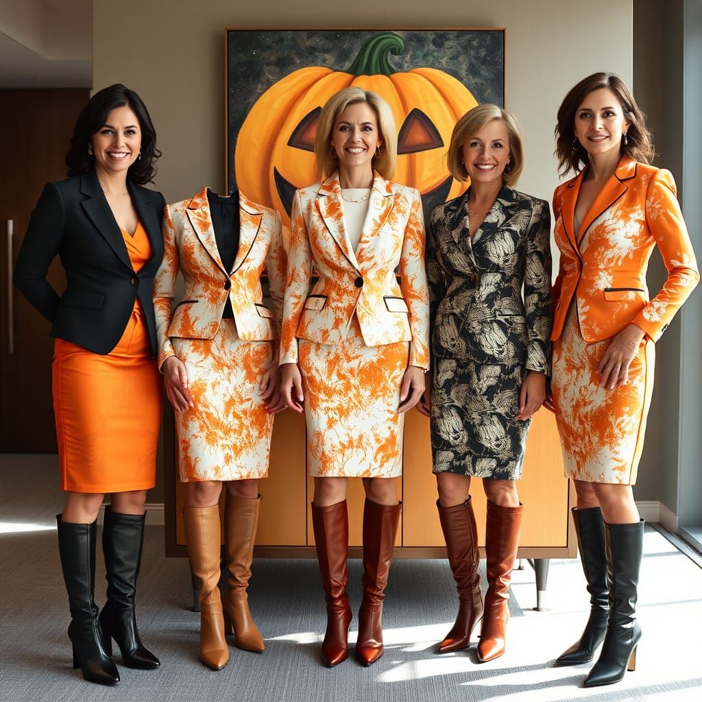 Businesswomen in Abstract Suits with Jack-o'-Lantern Art