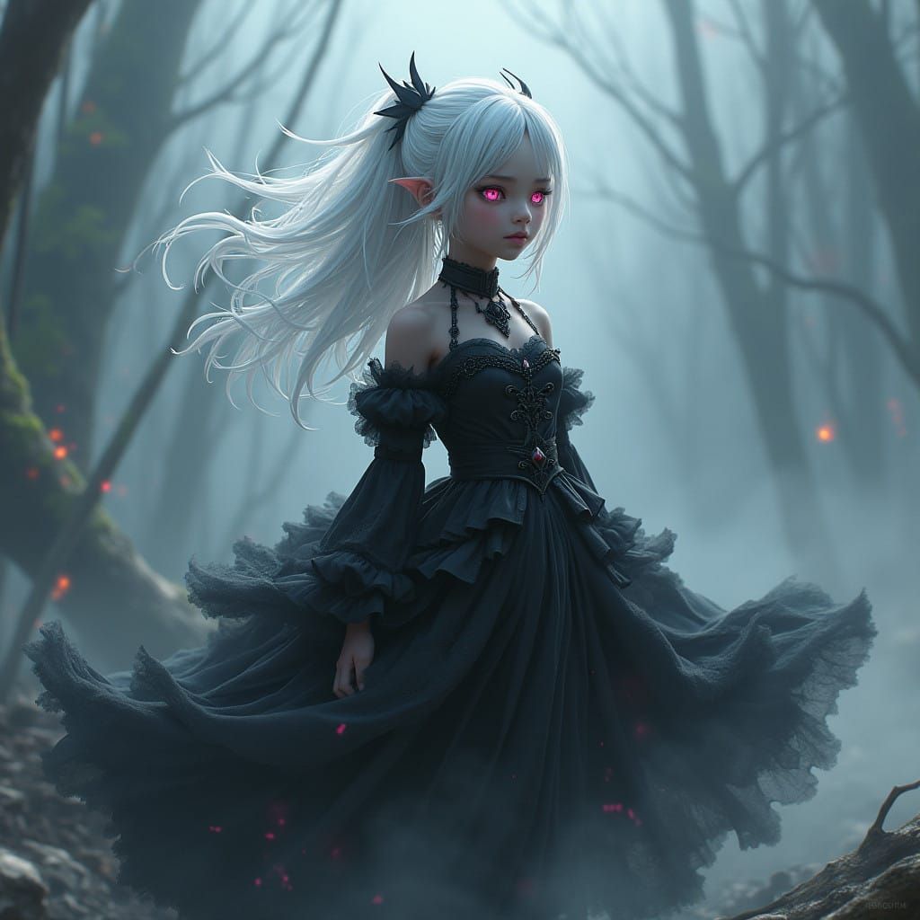 Ethereal Grey Demon Child with White Hair and Pink Eyes