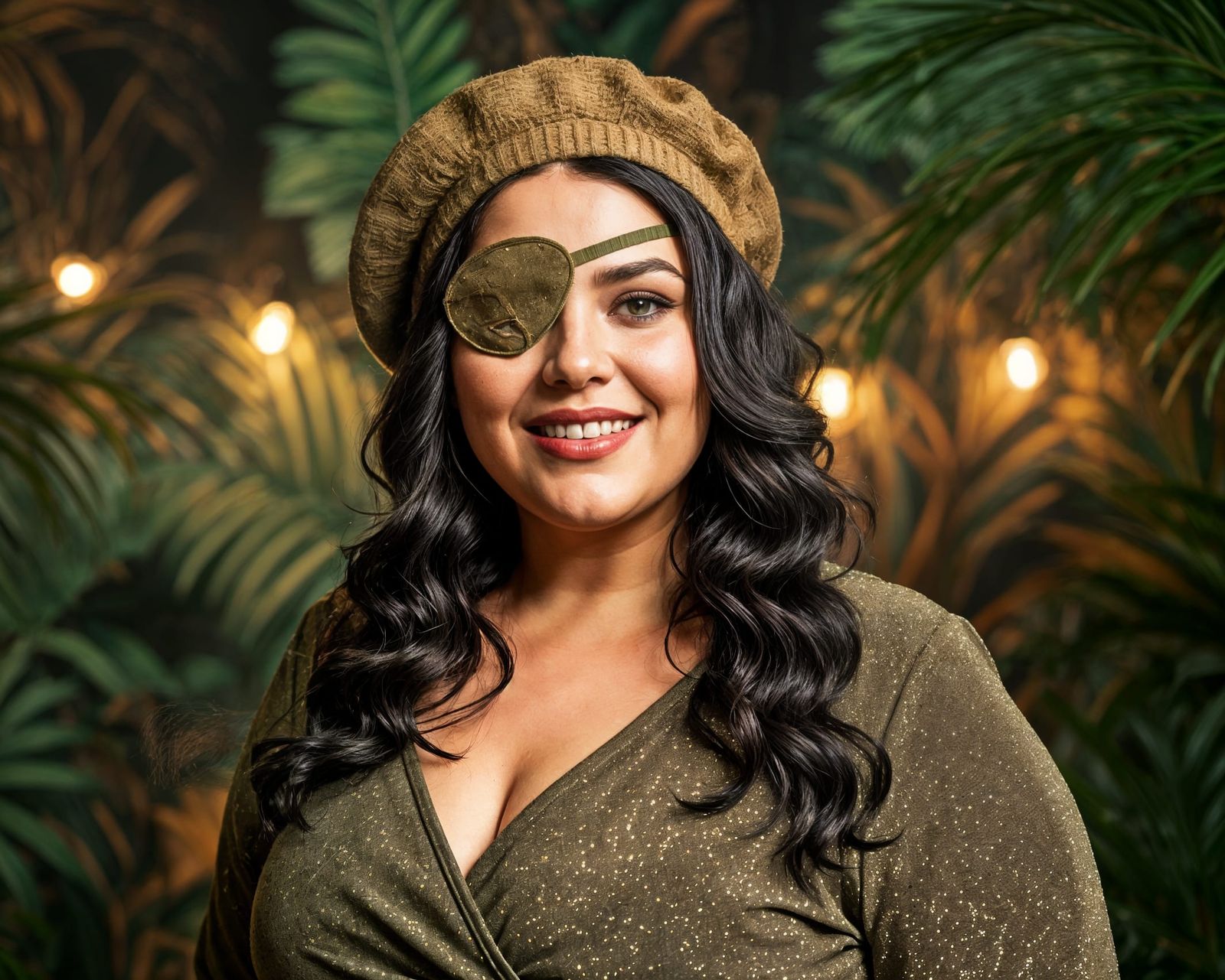 Elegant Woman in Khaki Glitter Dress with Tropical Accents