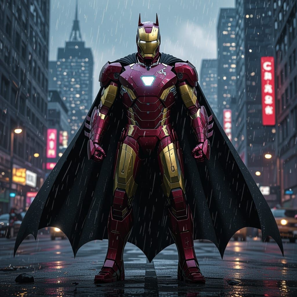 Armored Batman and Iron Man Fusion in Dark City