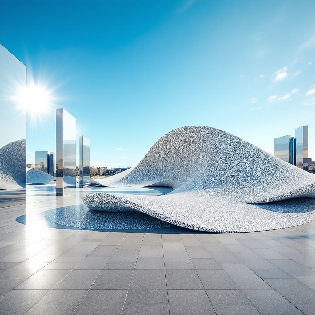 Minimalist Mosaic: Abstract Wave Sculpture in Plaza