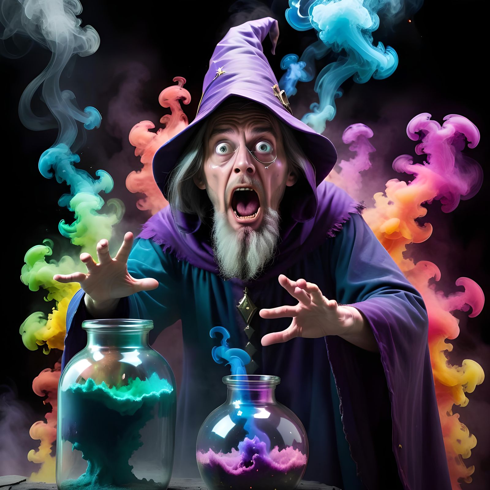 Terrified Wizard and Escaping Smoke Spirits