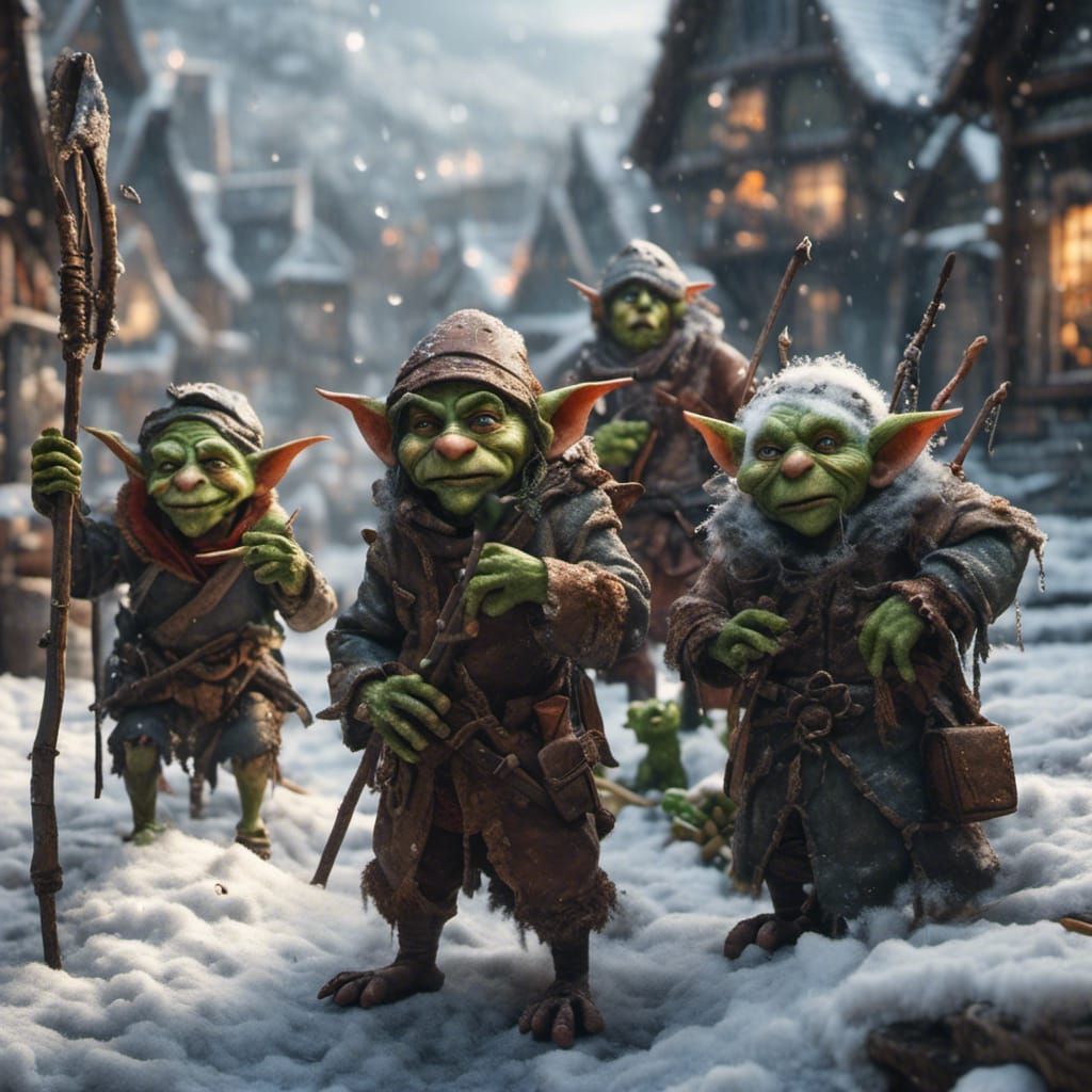 Goblin Archers in Snowy Town, Hyperreal Photo