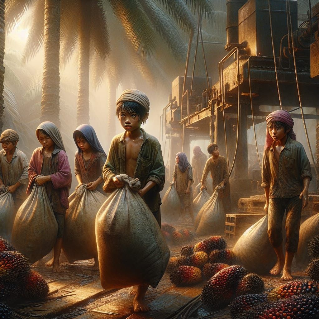 Indonesian Children Harvesting Palm Oil: Hyperrealistic Pain...