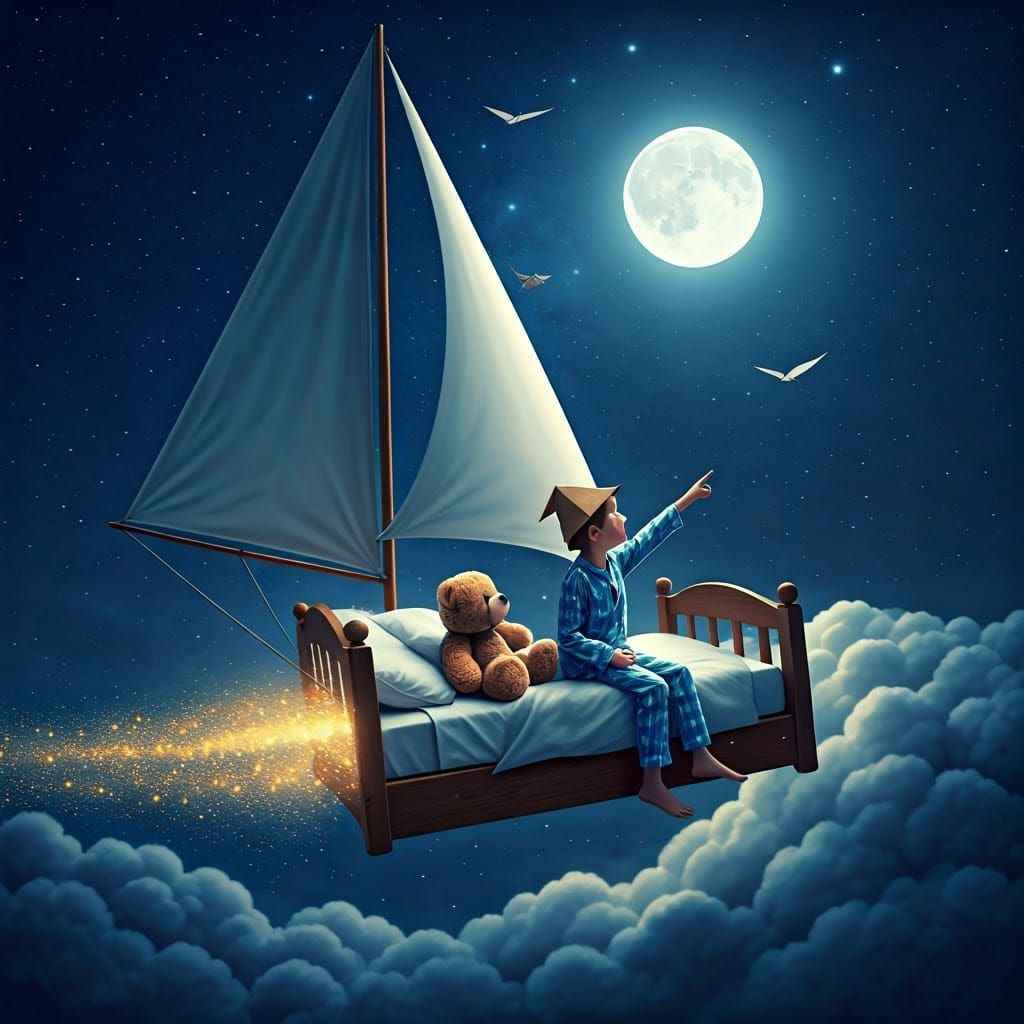 Child and Teddy Bear's Dreamlike Flying Bed Adventure