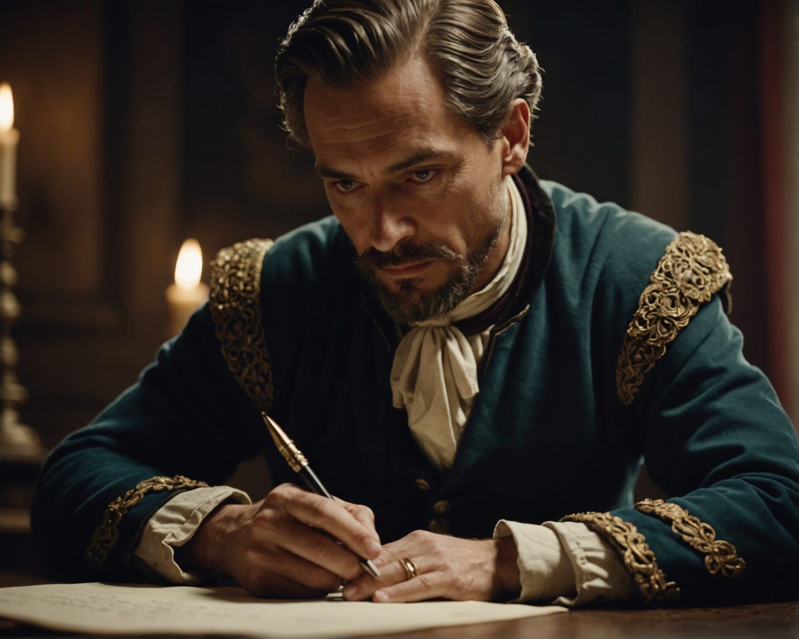 Cinematic Film Still of Miguel de Cervantes Writing