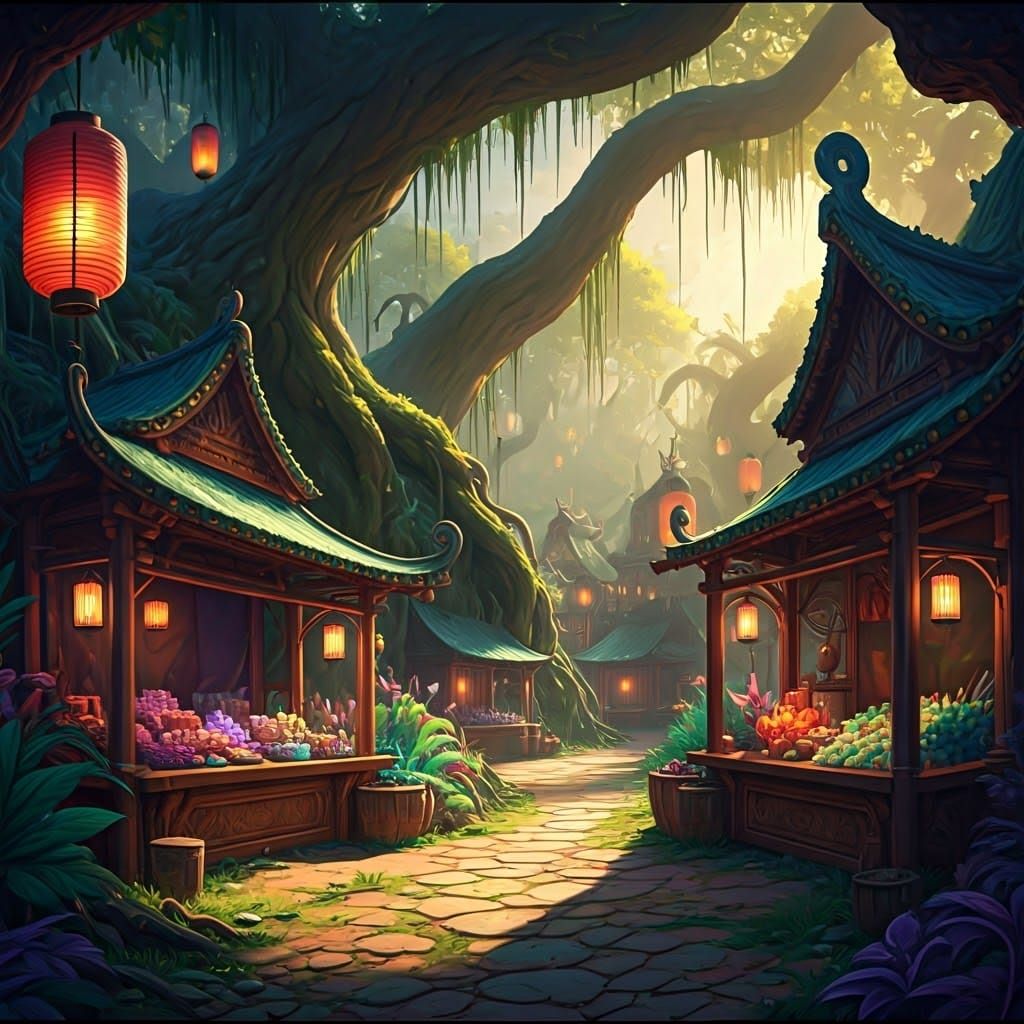 Mystical Four Species Market in Fantasy Art Style