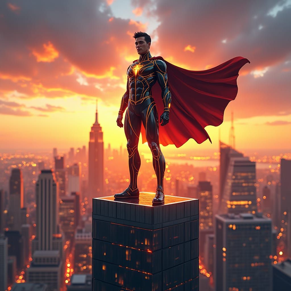 Heroic Comic Book Character on Skyscraper at Sunset
