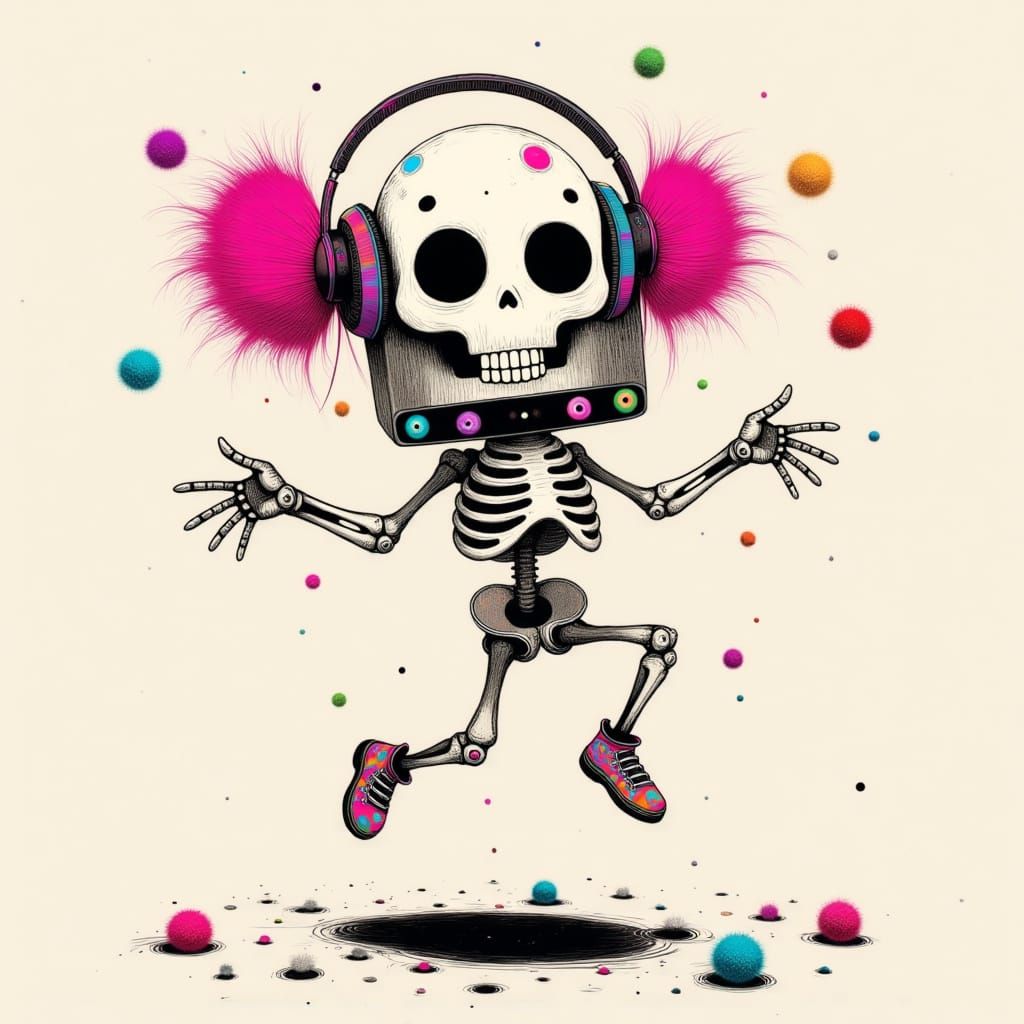 Energetic Skeleton Jumps with Pom-Poms in Whimsical Style