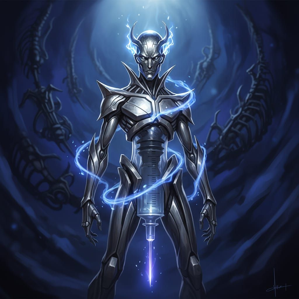 Personified Syringe Gleaming in Dramatic Studio Light