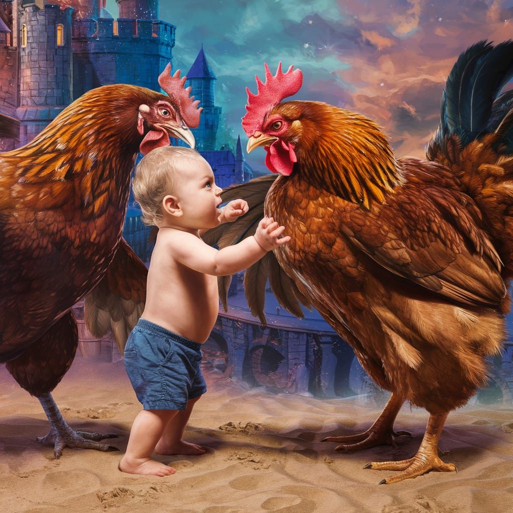 Young Warrior Faces Fierce Rooster on Deserted Castle Ground...