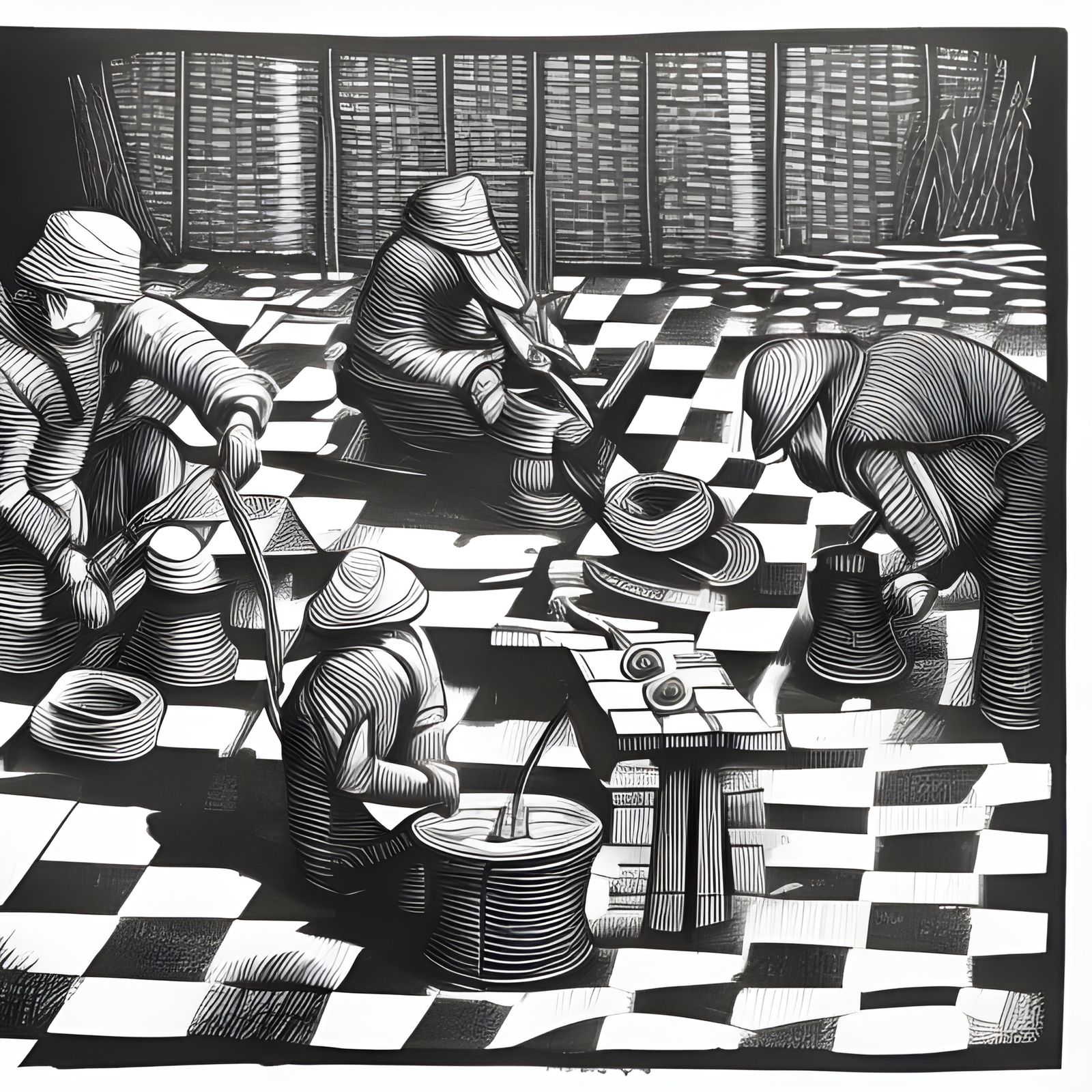 Checkered Workers Forging Medieval Tools as Linocut