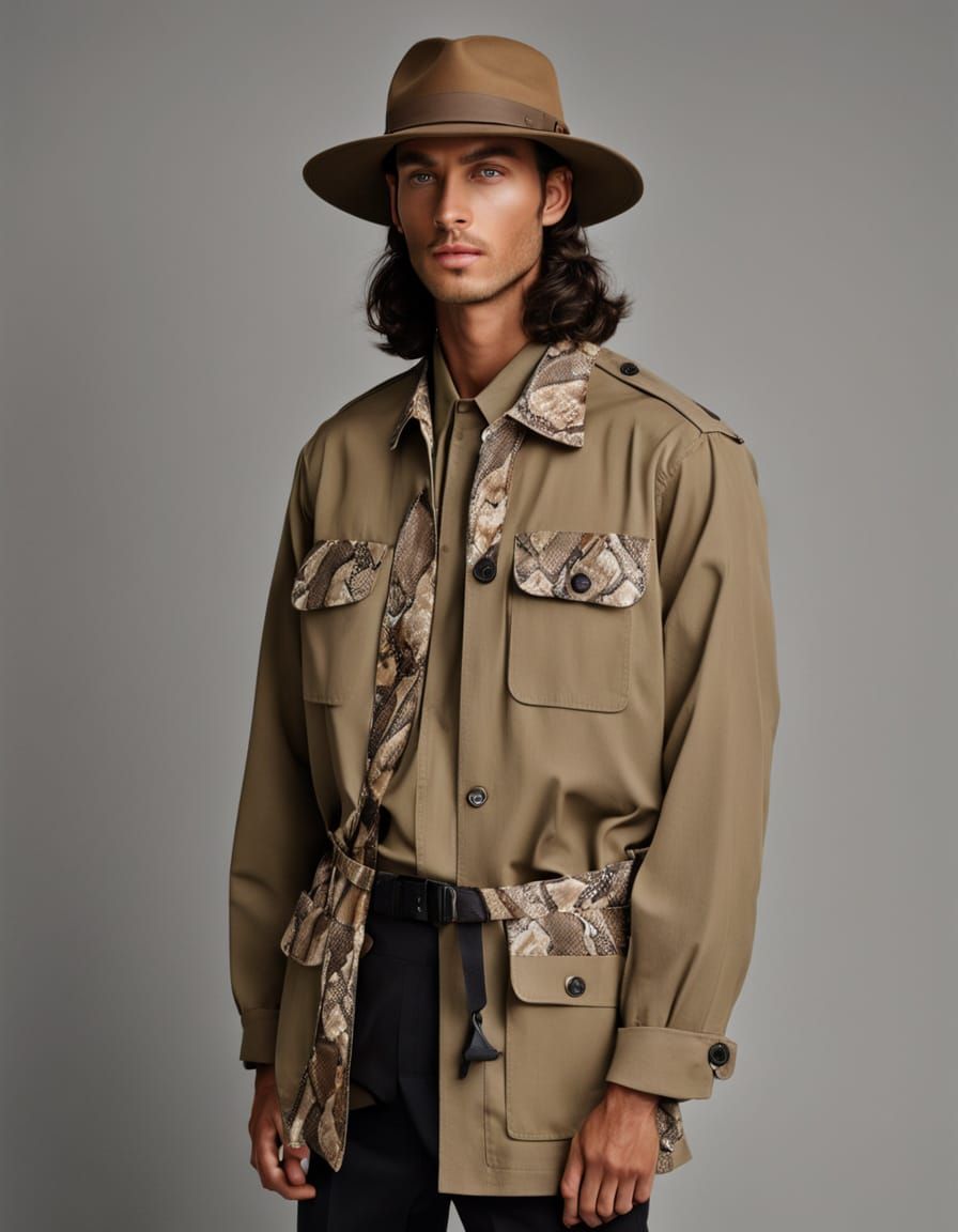 Safari Man Portrait in Khaki and Snake Print