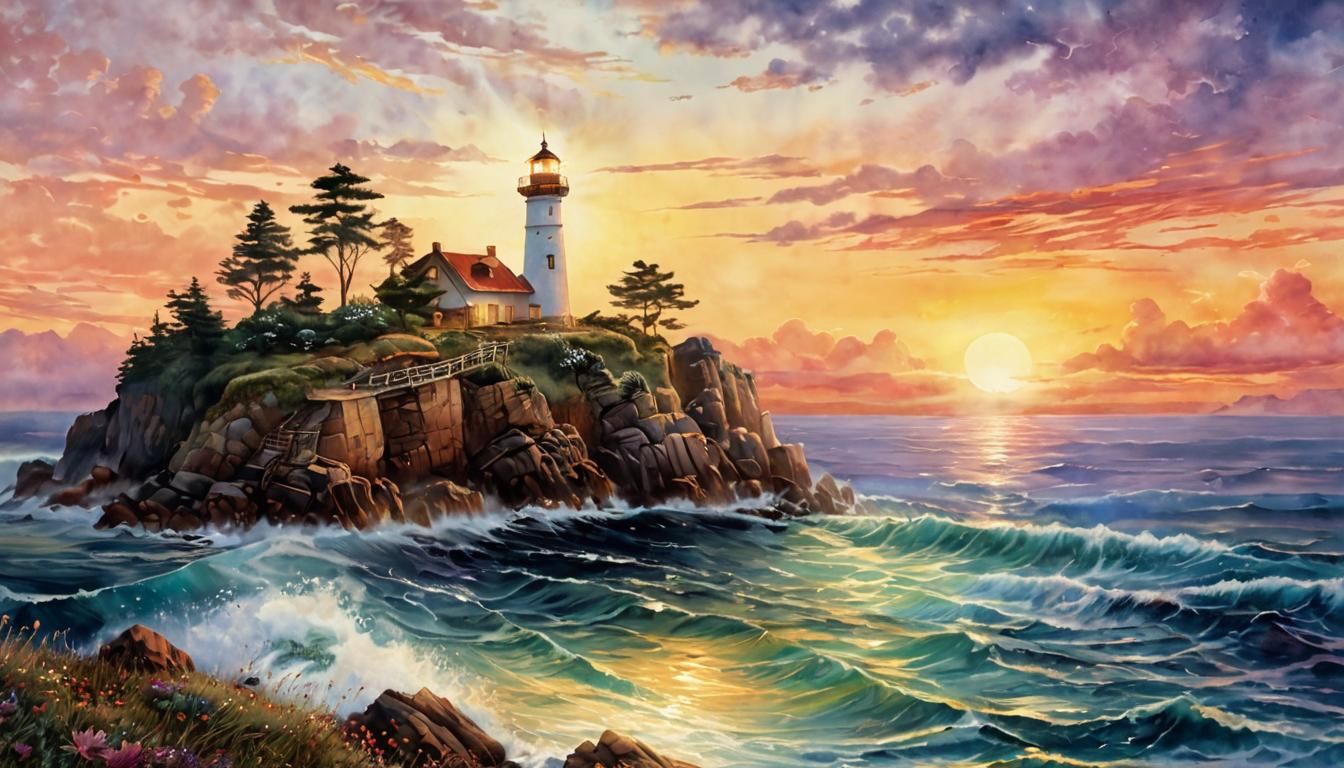 Lighthouse at Sunrise in Watercolor Style
