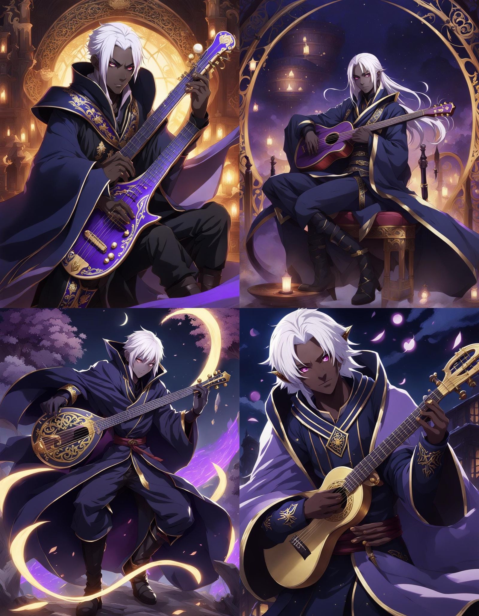 Half-Drow Bard with Lute in Anime Style