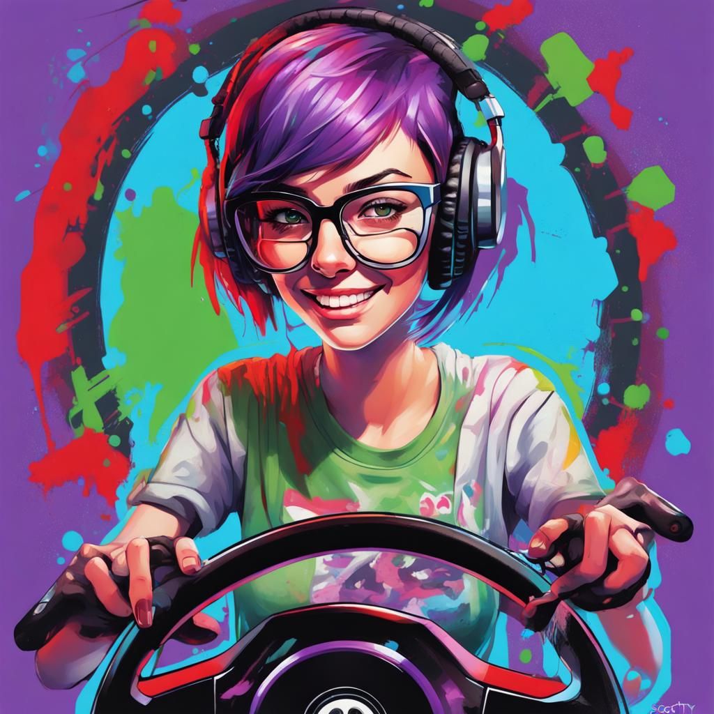 Gamer girl with short hair and glasses, with game steering wheel, blue red purple green. Smile, gamer room.