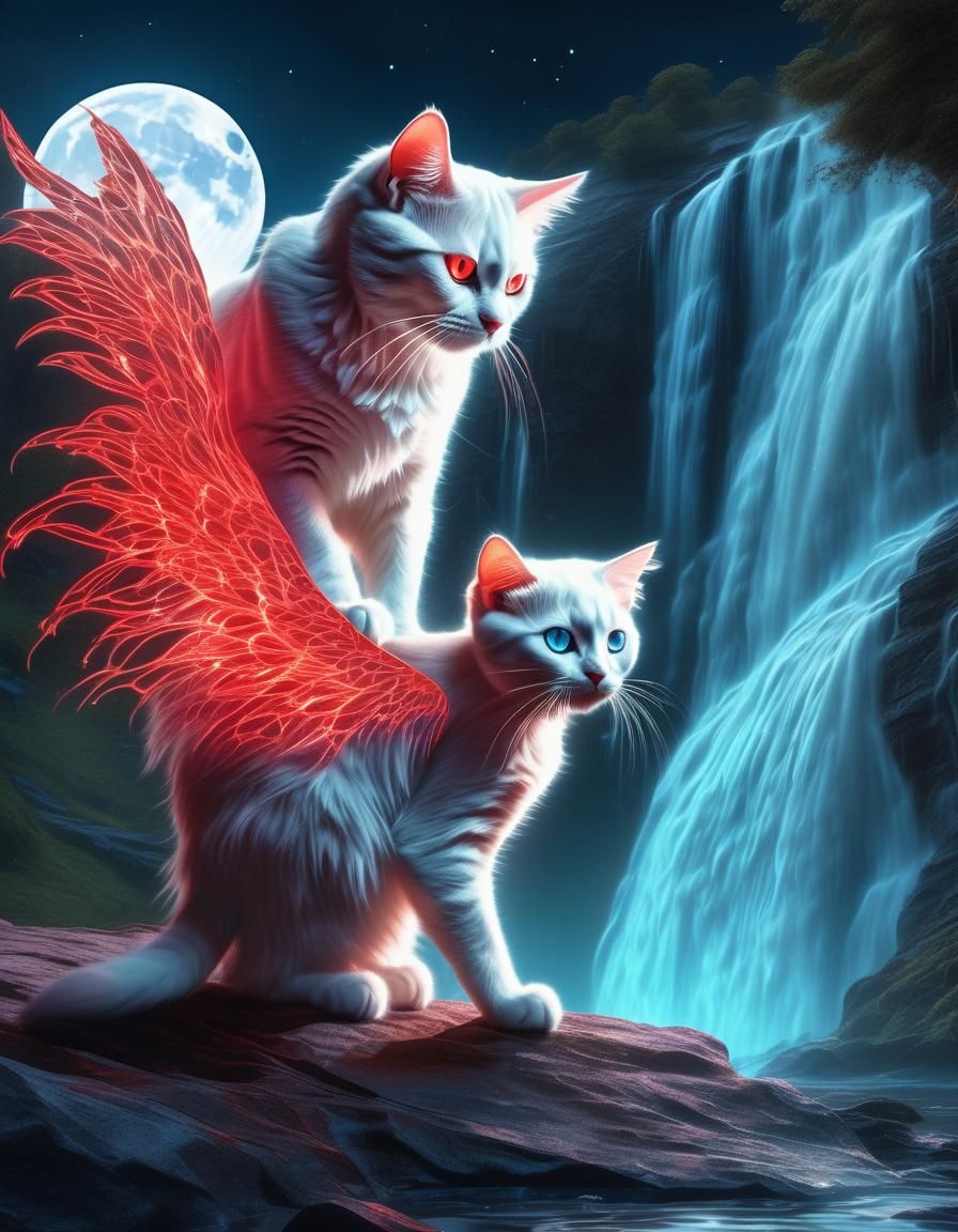Stunning Feline Goddess Amidst Raging Waterfall