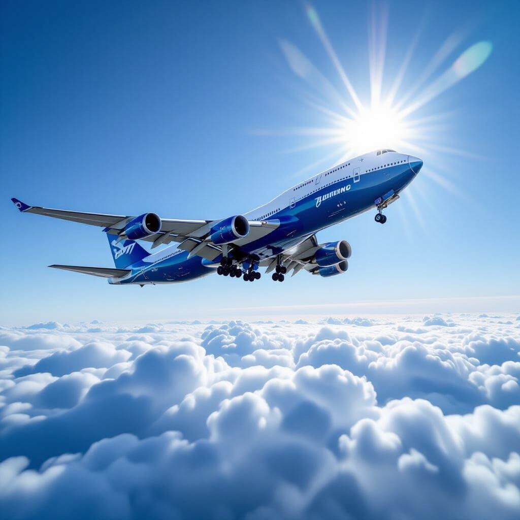 Boeing 747 Soars in Bright Blue and White Sky