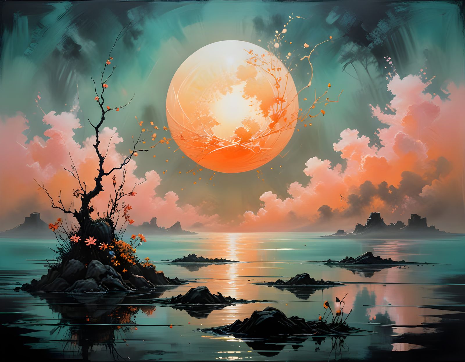 Ikebana with Bioluminescent Flowers in Sumi-e Style