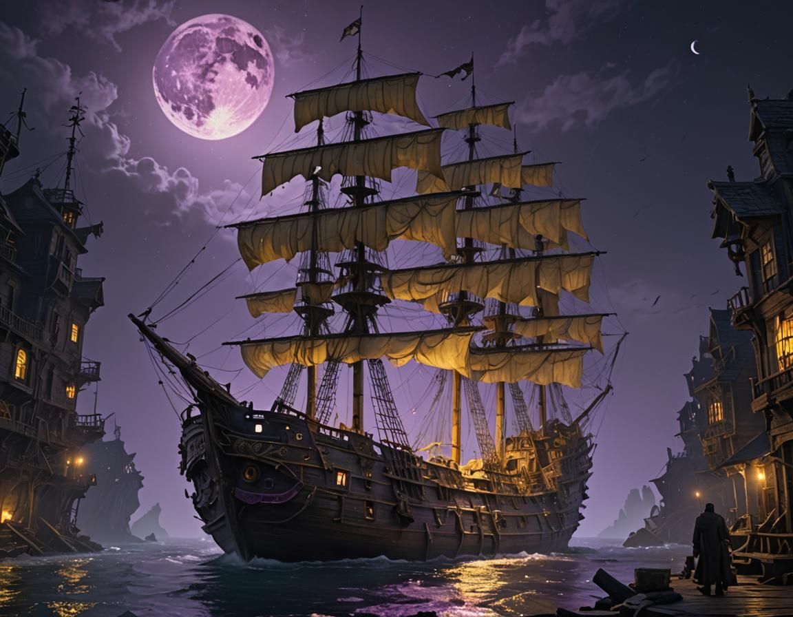 derelict haunted ghost ship torn saild on a moonlite night a masterpiece, 8k resolution, dark fantasy concept art, by Gr...