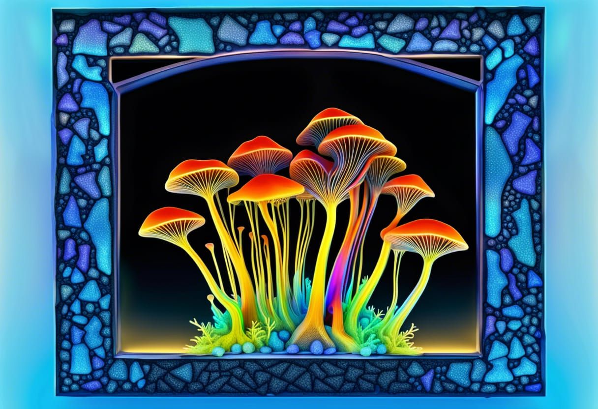 Iridescent Mycena Subcyanocephala in Stained Glass Style