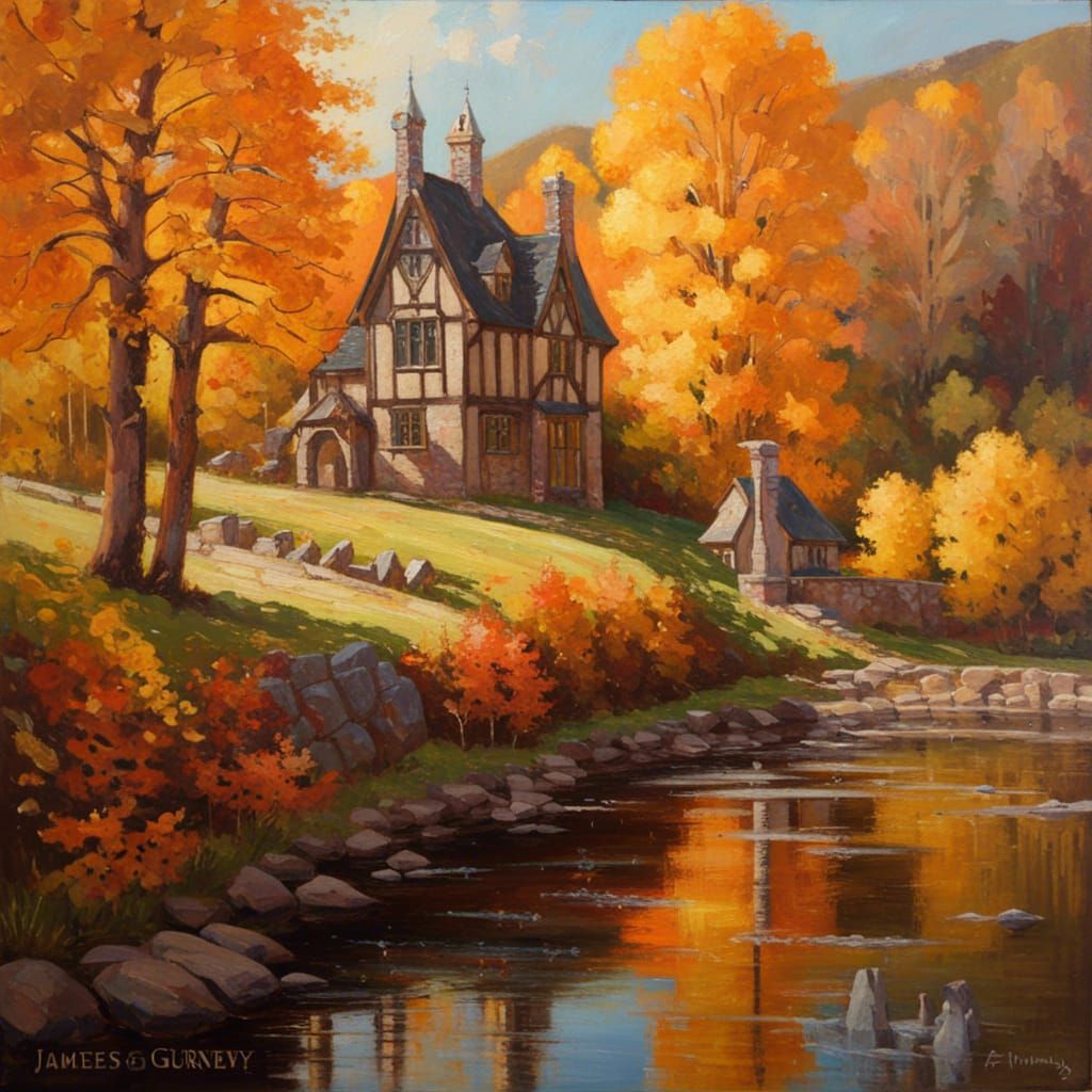 Victorian Village by River Under Autumn Sunlight