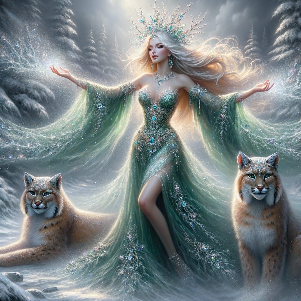 Norse Goddess Conjuring Ethereal Mist with Bobcats