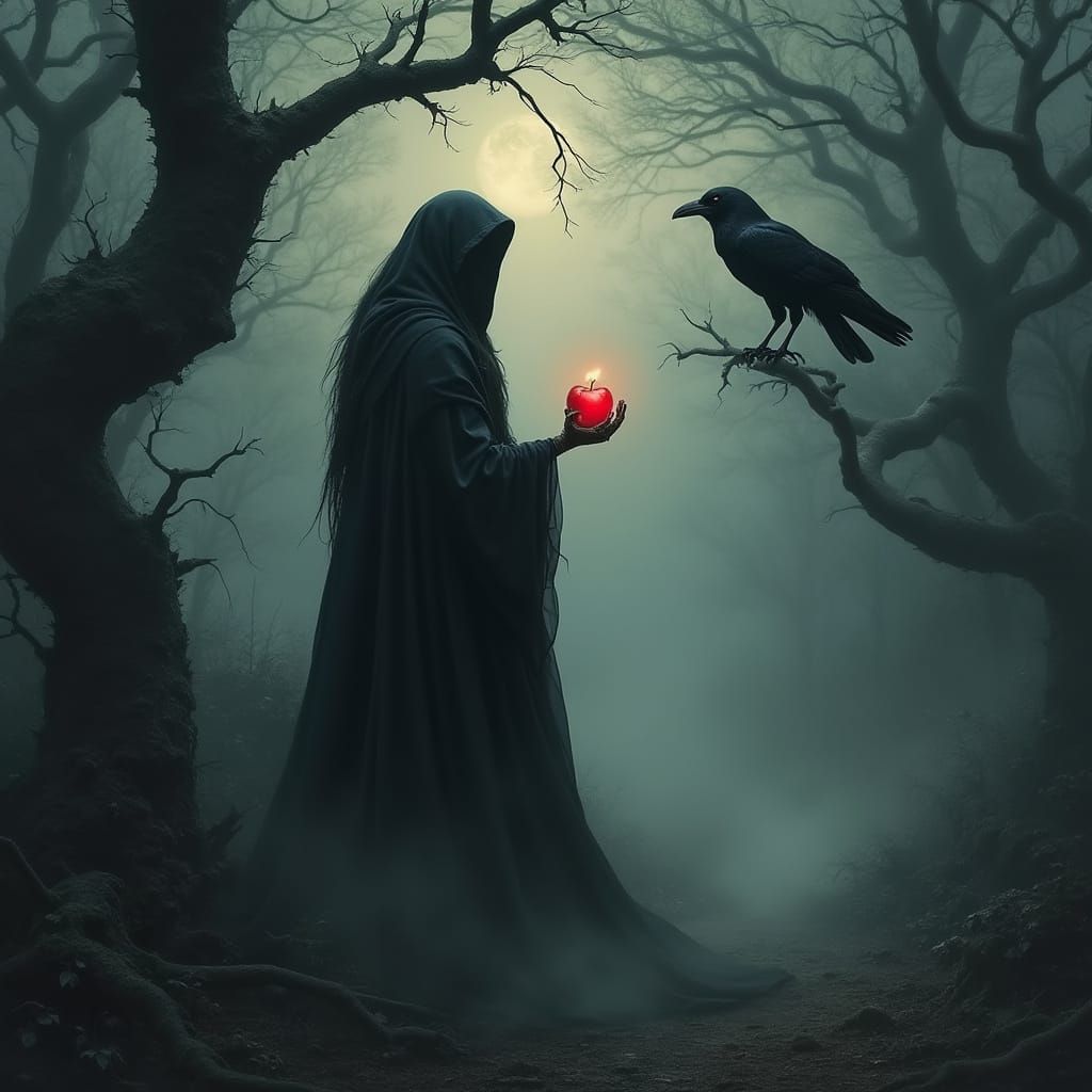 Dark Fantasy Witch in Mystical Forest with Red Apple and Rav...