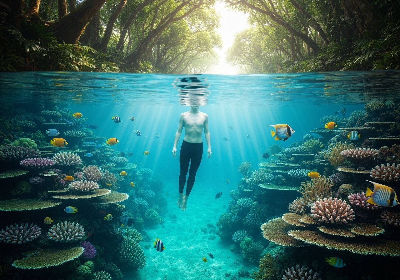 Hyperrealistic Coral Reef and Fish in Jungle Lake