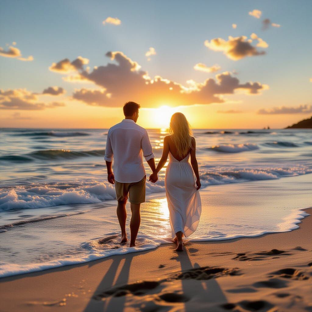 Man Dreams of Blonde Woman at Sunset Beach