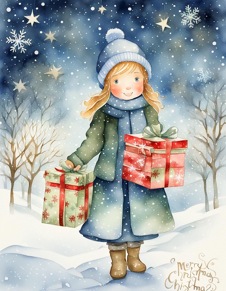 Girl with Christmas Packages in Watercolor Style