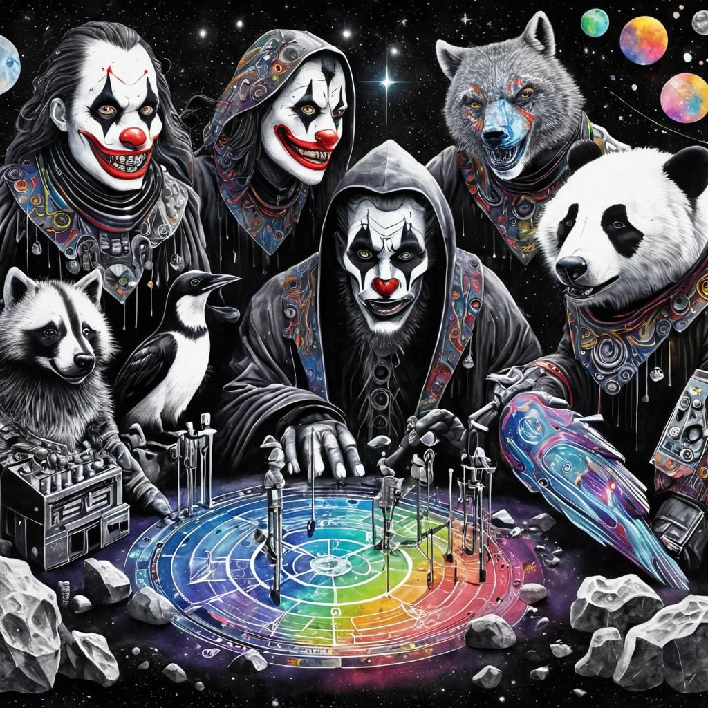 Surreal Space Clowns Terraform Asteroid: Watercolor Art