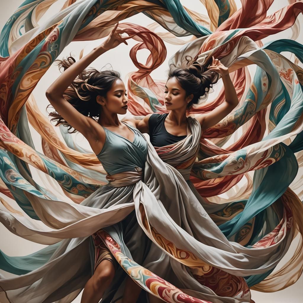 Dancer Surrounded by Swirling Scarves: A Dynamic Composition