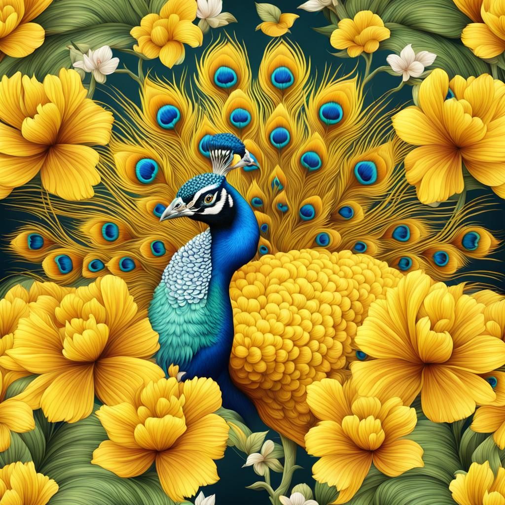 Hyperrealistic Yellow Peacock on Floral Background