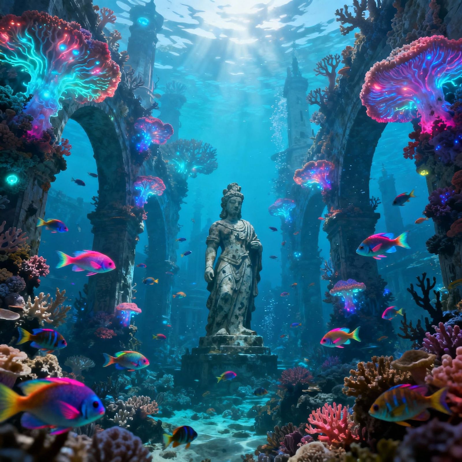 Vibrant Underwater City: Coral, Fungi, and Exotic Fish
