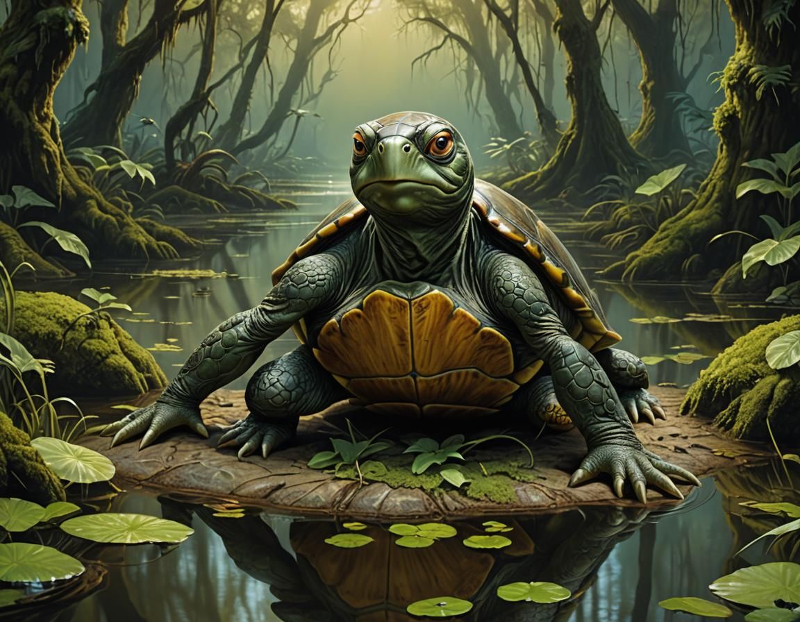 Anthropomorphic Turtle as Gollum in a Swamp