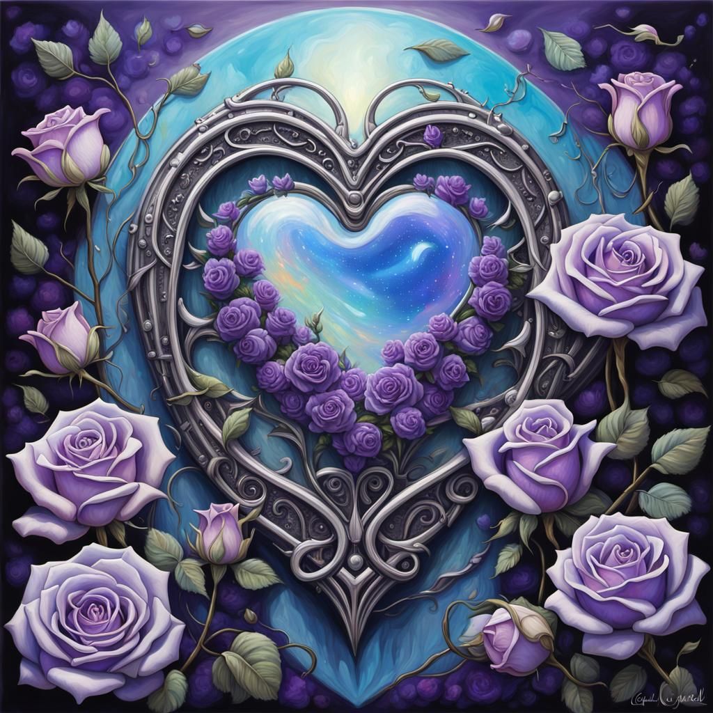 Sterling silver heart, opal, purple roses