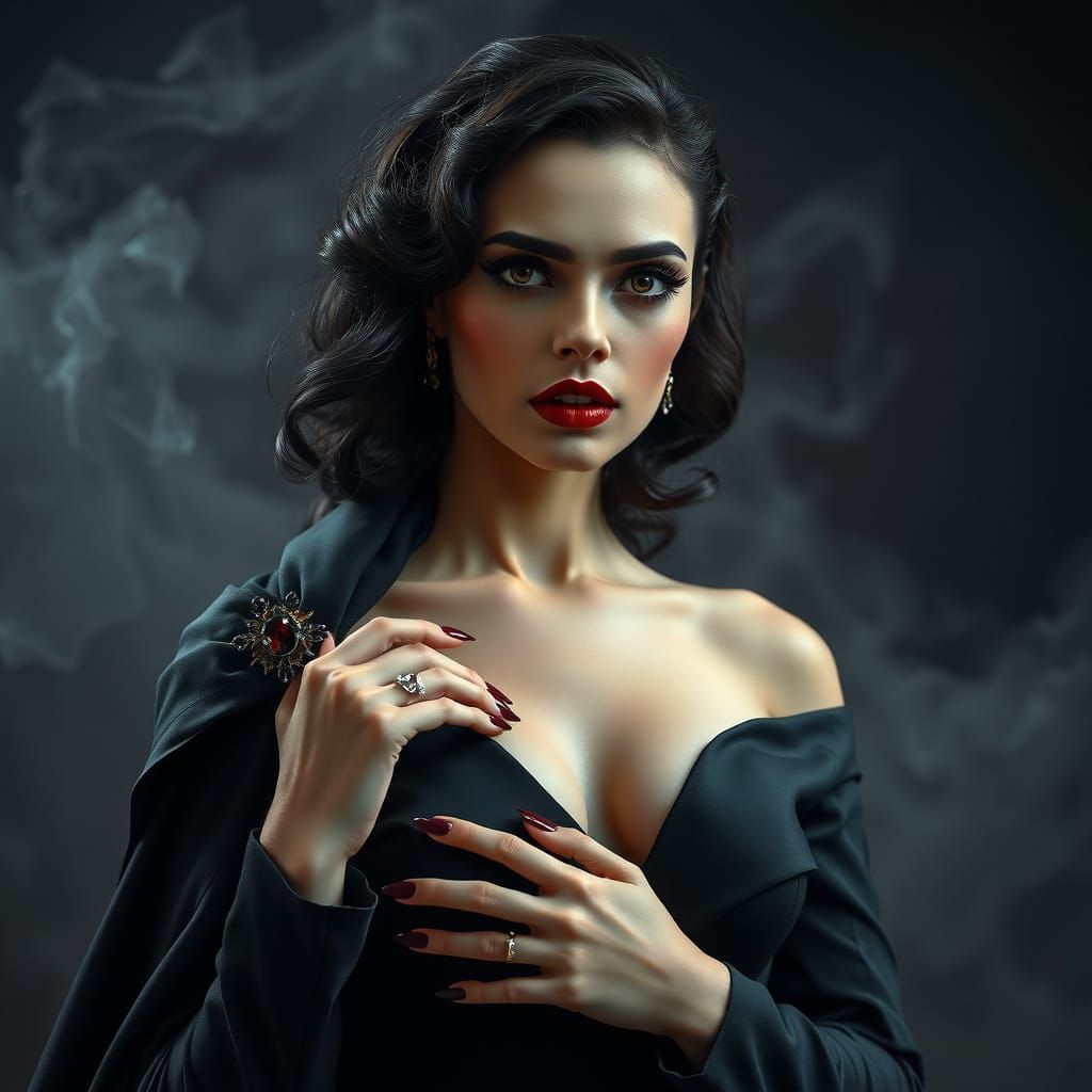 Elegant Vampire Baroness in Black Tie Attire, with Luxurious...
